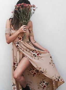 Off Shoulder Floral Prints Maxi Dress
